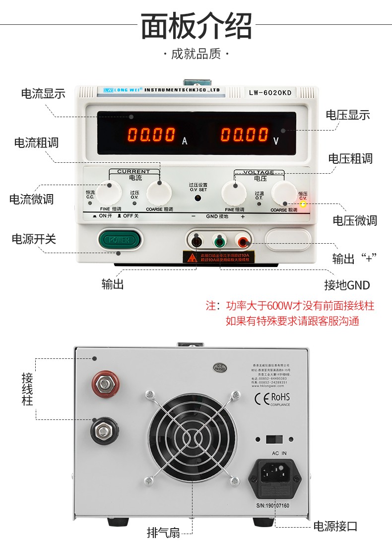 龙威可调开关电源LW-6080KD面板说明